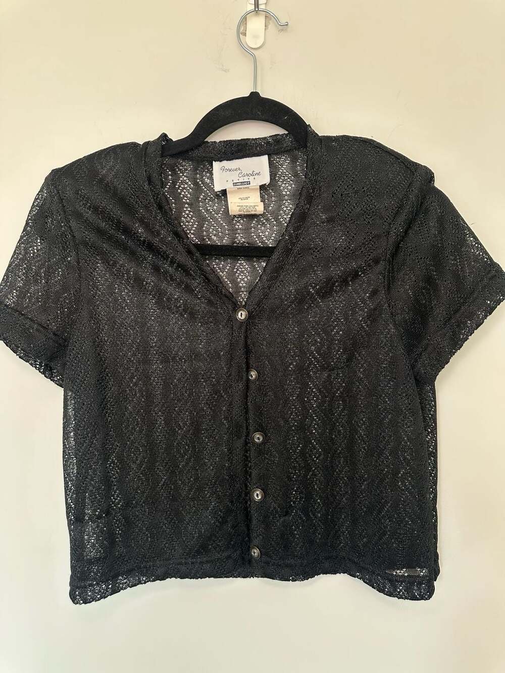 Forever Caroline Short Sleeve Button Up Lace Shirt Size 6P Black